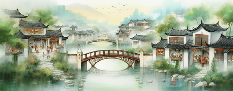 绿色古典水墨画江南水乡小桥流水房屋插画,插画/手绘图,插画/手绘图库,插画/手绘图下载,插画/手绘